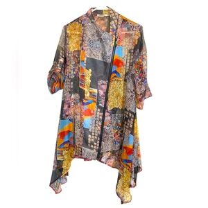 Feratelli Sheer Top, Short Sleeve, Front Zipper, Asymmetrical Hem, Crazy Quilt